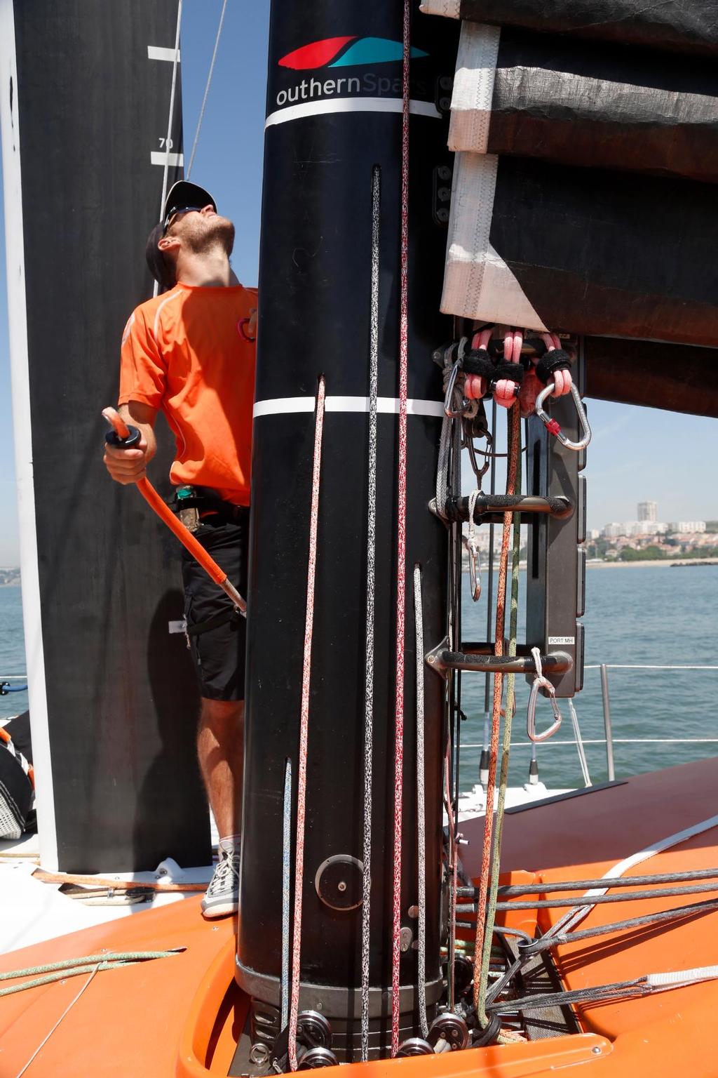 Mast base with halyards exiting below the deck cowl/nacelle - Team Alvimedica - Practice Race, Lisbon © Eugenia Bakunova http://www.mainsail.ru